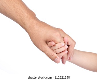 Child hold the hand of father isolated