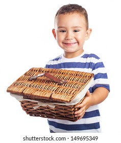 child holding a basket on white background