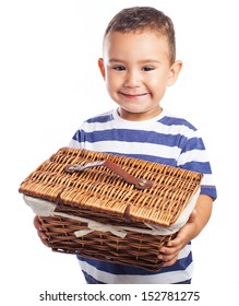child holding a basket on white background