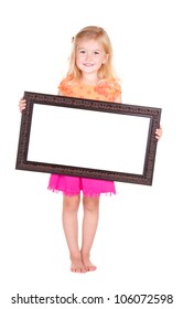 Child Holding Blank Frame, Isolated On White