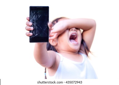 Child With Holding Broken Touch Screen Mobile Phone