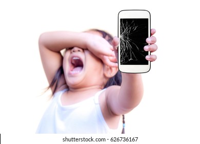 child with holding broken touch screen mobile phone