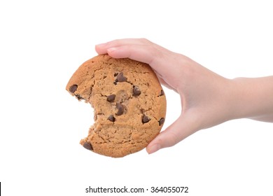 Child Holding A Chocolate Chip Cookie Isolated White Background