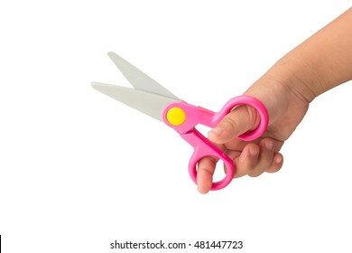 Child Holding Kid Scissors Isolated With Clipping Path