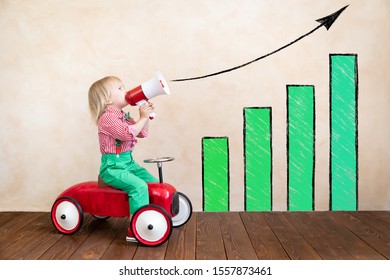 Child Holding Loudspeaker. Kid Shouting Through Vintage Megaphone. Business News Concept