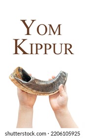 Child Holding Musical Horn Shofar For Yom Kippur. Yom Kippur Is The Holiest Day In Judaism.