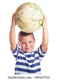 Child Holding A World Globe On A White Background