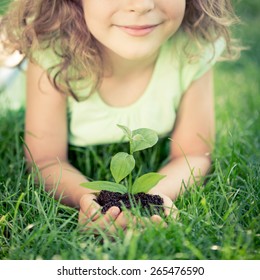 Child holding young green plant in hands. Kid lying on grass in spring park. Earth day concept