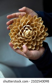 Child holds a handmade flower. Dahlia made of pistachio shells. Waste recycle and creativity concept. Handicraft with children at home. Tender and love. Self made presents. Nut peel reuse. Design 