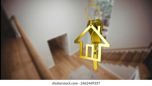 Child holds keychain shaped like a golden house, blurring stairs in the background. Keychain symbolizes home ownership, new house keys - Powered by Shutterstock