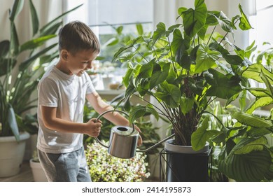 A child in home clothes waters beautiful, large indoor plants from a stylish metal watering can. Concept Care and watering of home flowers. - Powered by Shutterstock