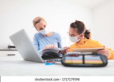 Child Home Studying Education, Homeschooling, With Private Tutor / Mother With Protective Mask In The Time Of Viruses, Flu And Seasonal Pandemic, Healthy Approach In Social Contact.