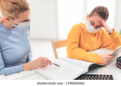 Child Home Studying Education, Homeschooling, With Private Tutor / Mother With Protective Mask In The Time Of Viruses, Flu And Seasonal Pandemic, Healthy Approach In Social Contact.