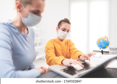 Child Home Studying Education, Homeschooling, With Private Tutor / Mother With Protective Mask In The Time Of Viruses, Flu And Seasonal Pandemic, Healthy Approach In Social Contact.