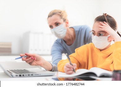 Child Home Studying Education, Homeschooling, With Private Tutor / Mother With Protective Mask In The Time Of Viruses, Flu And Seasonal Pandemic, Healthy Approach In Social Contact.