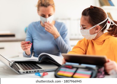 Child Home Studying Education, Homeschooling, With Private Tutor / Mother With Protective Mask In The Time Of Viruses, Flu And Seasonal Pandemic, Healthy Approach In Social Contact.