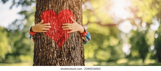 Child hugging an old tree in the natural park. - Shutterstock ID 2340316063