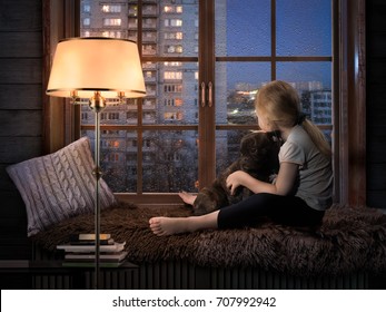 Child Hugs The Dog And Staring Out The Window. Rain, Night City, Water Drops On Glass. Cozy Room, Light Floor Lamp