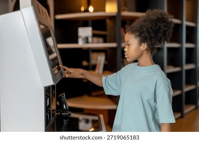 Child interacting with touchscreen kiosk using biometric fingerprint verification, illustrating digital security, smart systems, identity authentication, future technology in public environments.