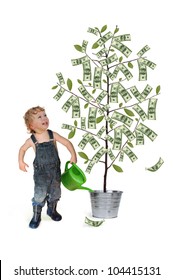 Child In Jeans Watering A Money Tree