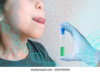 Child, Kid 7-8 Years Old Sits With His Mouth Open, Tongue Sticking Out, Scientist's Hand With Test Tube, Concept Of Scientific Research, Covid Test, Saliva Dna Determination, Paternity, Family Tree