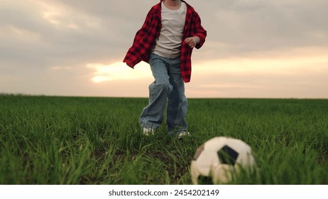 child kid baby girl run across green lawn sunset, kicking soccer ball, playing football field, childhood dream happy kid, youth soccer training, outdoor sports activity, field sports equipment - Powered by Shutterstock