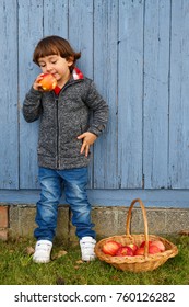 Child Kid Boy Eating Apple Fruit Full Body Portrait Format Autumn Fall Healthy Outdoors