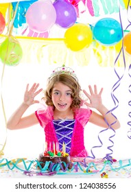 Child Kid Crown Princess In Birthday Party Happy Gesture And Chocolate Cake