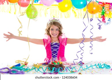 Child Kid Crown Princess In Birthday Party Happy Gesture And Chocolate Cake