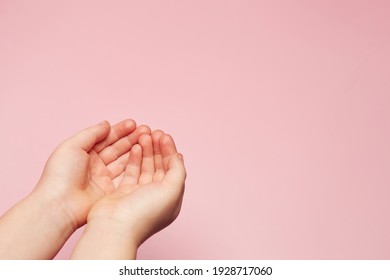 Child Kid Hands Palm Up. Handbreadth Isolated On The Bright Solid Pink Fond Background