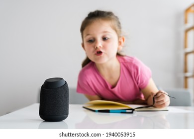 Child Kid Using Smart Speaker And Voice Assistant