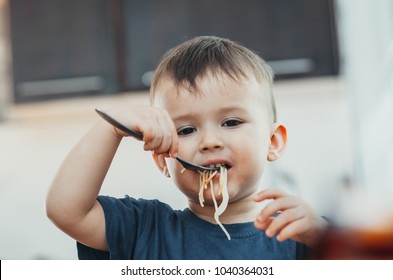 Child Kitchen Table Eating Macaroni Interesting Stock Photo 1040364031 ...