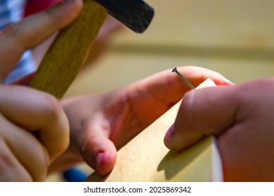 Child Learning To Make A Birdhouse. Close-up Of A Child's Hands With A Hammer Nailing A Board