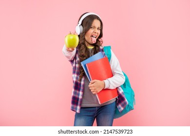 Child Listen Music In Headphones Carry Backpack With Workbook Dislike Apple, School.