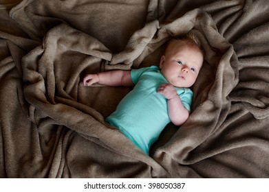 child little boy is lying in bed under a brown blanket