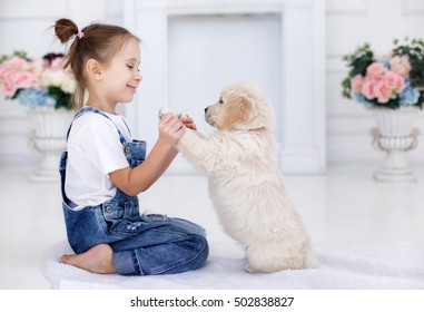 Child With Little Dogs Playing At Home. Girl With Puppies. Chid With Puppy. Kissing, Hugging, Playing In Room