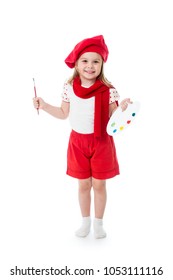 Child Little Girl In Artist Costume With Paintbrush And Palette Isolated