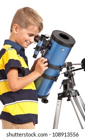 Child Looking Into Telescope Star Gazing Little Boy Isolated On A White Background