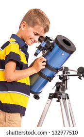 Child Looking Into Telescope Star Gazing Little Boy Isolated On A White Background