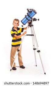 Child Looking Into Telescope Star Gazing Little Boy Isolated On A White Background