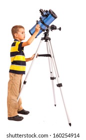 Child Looking Into Telescope Star Gazing Little Boy Isolated On A White Background