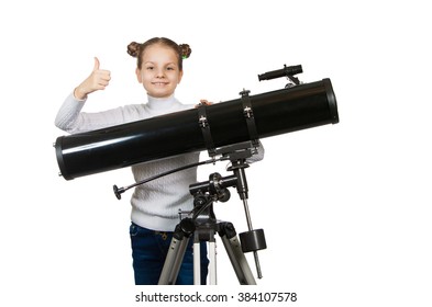 Child Looking Into Telescope Star Gazing Little Girl Isolated On A White Background