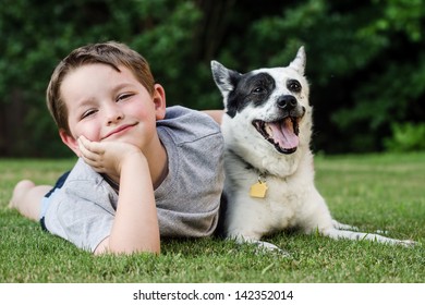 Child Lovingly Embraces His Pet Dog, A Blue Heeler