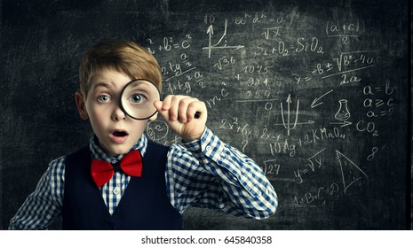 Child Magnifying Glass, Amazed School Kid, Student Boy With Magnifier Study Mathematics, Math Education