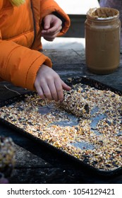 Child Making A Natural Bird Feeder Out Of Peanut Butter And Birdseed