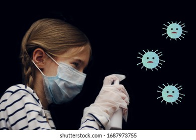 A child with a medical mask and gloves splashes on the virus from an antiseptic aerosol. Isolate on a black background. The concept of the victory of children's immunity over the coronavirus. - Shutterstock ID 1687973755