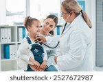 Child, mother and doctor with stethoscope for exam, check lungs and healthcare. Mom, happy girl and pediatrician listening to chest for medical test, heartbeat or breathing in hospital for cardiology