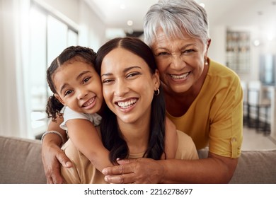 Child, mother and grandmother portrait while at home on sofa with smile, love and support sharing hug for generation of senior, woman and child. Portrait of brazil girls happy on mothers day together - Powered by Shutterstock