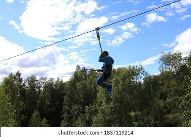 Child On Zipline In Marble Canyon, Karelia