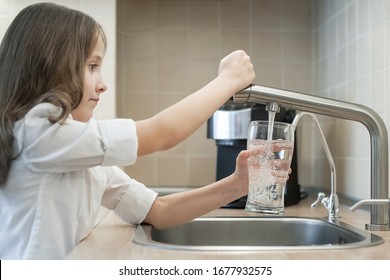 Child Open Water Tap. Kitchen Faucet. Glass Of Clean Water. Pouring Fresh Drink. Hydration. Healthy Lifestyle. Water Quality Check Concept. World Water Monitoring Day. Environmental Pollution Problem
